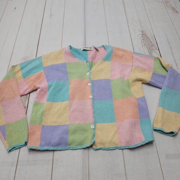 Orvis Sweaters - Vintage Orvis pastel patchwork knit sweater cardigan kawaii easter
